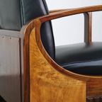 Unieke Cognac Kleurige Rundleren Artdeco Design Fauteuil Gecombineerd Met Hout thumbnail 11