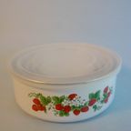 Vintage Strawberry Enamel Food Storage Bowls Containers With Plastic Lid Stackable thumbnail 3