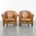 Karaktervolle Set Van 2 Stoere Vintage Schapenleren Clubfauteuils Met Een Prachtig Patina thumbnail 5