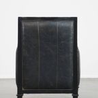 Unieke En Karaktervolle, Strakke Zwarte Rundleren En Houten Armchair thumbnail 5