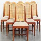 Unieke Set Van 6 Houten Art Deco Design Eetkamerstoelen Met Een Rieten Zitting En Rugleuning thumbnail 3
