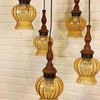 Vintage Grote Cascade Hanglamp Met 5 Glas En Hout Lampen thumbnail 3