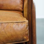 Mooie Cognac Kleurige Schapenleren Art Deco Design Fauteuil/ Armchair Gecombineerd Met Hout thumbnail 4