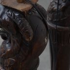 Set Van 2 Prachtige Unieke Handgesneden Antieke Houten Staande Lampen Met Leeuwenkoppen thumbnail 12
