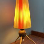 Table Lamp In Yellow And Red Ribbon, Wood Tripod Base 1950S. thumbnail 7