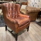 2 X Stoere Industriële Chesterfield Oorfauteuils In Generfd Cognac Vintage Leder Ralph Lauren thumbnail 7