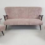 Vintage Fauteuils + Bank | Bankstel Roze Ribstof Nieuw Teak thumbnail 3