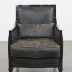 Unieke En Karaktervolle, Strakke Zwarte Rundleren En Houten Armchair thumbnail 3