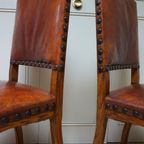 Set Van 6 Eiken Art Deco Eetkamerstoelen In Bruin Leer thumbnail 17