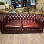 Engelse Chesterfield 3 Zits Bank Antiek Rood Leer thumbnail 5