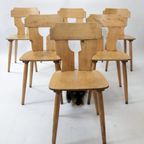 Set Van 6 Brutalist Licht Houten Stoelen Jaren 60 thumbnail 11