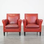 Set Van 2 Unieke, Stijlvolle, Rood Gekleurde Design Armchairs Gemaakt Van Schapenleer thumbnail 2