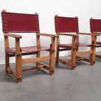 Brutalist Vintage Massief Eiken Stoel Arts & Crafts Leer thumbnail 18