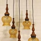 Vintage Grote Cascade Hanglamp Met 5 Glas En Hout Lampen thumbnail 5