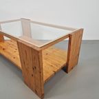 Vintage Pine Wood Brutalist Salontafel 1970 Glas Grenen thumbnail 10