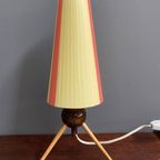 Table Lamp In Yellow And Red Ribbon, Wood Tripod Base 1950S. thumbnail 5