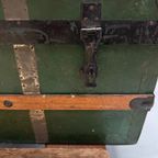 Hutkoffer, Kist, Groen Met Houten Latjes thumbnail 7