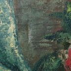 Vintage Schilderij Vrouw Bloemenpluk Acrylverf Op Doek Gesigneerd thumbnail 8