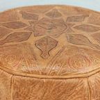 Vintage Leren Cognac Poef Ottoman, Rond thumbnail 9