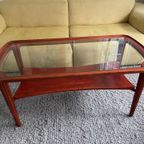 Antieke Art Deco Tafel. Houten Tafel. Gestoken Poten En Glas Met Bies. thumbnail 11