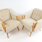 Vintage Fauteuils Beige Stof Eiken Kleur Frame 2 Stuks thumbnail 5