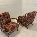 Set Jaren 30 Lounge Stoelen Van J.Halabala H-237 Rood/Bruin Gestoffeerd thumbnail 6