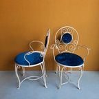Brocante Vintage Smeedijzeren Set Stoelen Met Blauw Velours thumbnail 8