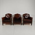 Prachtige Set Van 3 Leren Clubstoelen – Jaren 30 Schapenvacht thumbnail 4