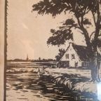 Linoleum Snede Boerderij Hollands Landschap. thumbnail 2
