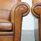 Set Van 2 Grote, Stoere En Comfortabele Vintage Cognac-kleurige Schapenleren Fauteuils/armchairs thumbnail 13