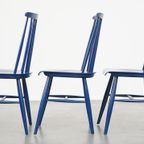 Set Van 3 Mooie Vintage Jaren ’60 Blauwe Houten Eetkamerstoelen/ Spijlen Stoelen thumbnail 6