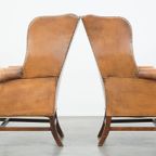 Set Van 2 Klassieke Vintage Rundleren Engelse Chesterfield Oorfauteuils In Een Lichte Cognac Kleu thumbnail 5