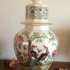 Mooie Vintage Italiaanse In Chinese Stijl  Dekselpot  Met Rode Pauwen; thumbnail 9