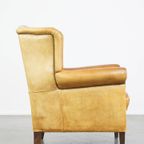 Charmante, Comfortabele, Licht Gekleurde Vintage Engelse Stijl Rundleren Oorfauteuil thumbnail 4