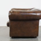 Grote, Correct Afgewerkte Vintage Donkere Gladde Rundleren Engelse Stijl Chesterfield Fauteuil thumbnail 2