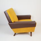 Vintage Gele Fauteuil Okergele Teddy Stof Bruin Skai thumbnail 7