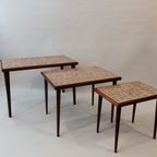 Mid Century Modern Set Of 3 Teak And Ceramic Nesting Tables, 1960S thumbnail 3