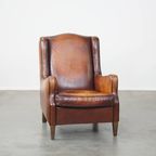 Prachtig Gekleurde, Stoere Vintage Schapenleren Fauteuil Met Een Hoge Rug En Afgewerkt Met Zwarte thumbnail 9