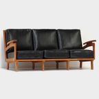 Vintage Lounge Bank Met Eiken Frame En Zwart Leer, 1960s thumbnail 5