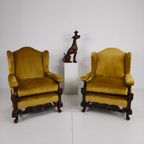 Paar 19e-eeuwse Gesneden Notenhouten Fauteuils – Bloemmotieven – Fluwelen Bekleding thumbnail 6