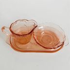Art Deco Roze Glas Roomstel Met Serveerblad 1930’s thumbnail 6