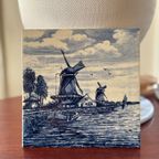 Vintage Delfts Blauw Tegeltje Handgeschilderd Hollands Landschap Molen thumbnail 6