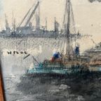 Wim Bos (1906-1974) "Gezicht Op De Haven". thumbnail 4