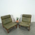 Groen Leren Stoel Met Eiken Hout Vintage Fauteuil thumbnail 13