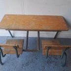 Vintage Stoere Industriële Schoolbank Uit Frankrijk. thumbnail 2