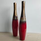 Retro Slanke Aardewerk Bloemen Vaas Rood Goud thumbnail 4