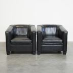 Set Van 2 Zwarte Schapenleren Art Deco Design Fauteuils/ Armchairs Met Een Hoog Zitcomfort thumbnail 2