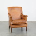 Karakteristieke En Comfortabele Cognac-kleurige Schapenleren Armchair Met Rechte Vormen thumbnail 13
