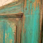 Antiek Wandpaneel / Oude Houten Deur In Turquoise Blauw Met Goud Patronen. thumbnail 5