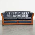 Luxe 2.5-zits Schuitema Art Deco Design Bank Met Mooi Houtwerk En Donkerblauw Rundleer thumbnail 2